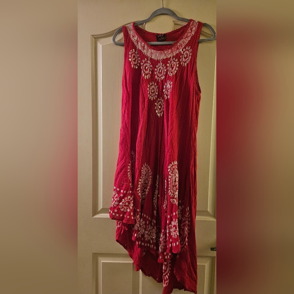 Chic Asymmetrical Red Dress with White Embroidery